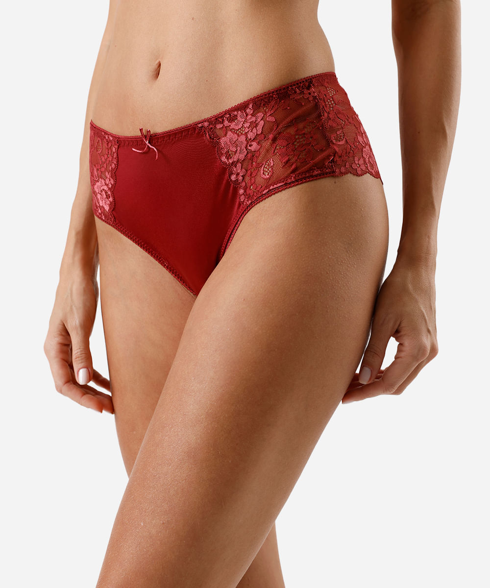 calcinha caleçon com renda floral vermelha