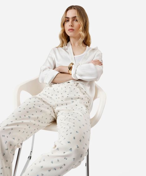 calça mom feminina de sarja floral off white