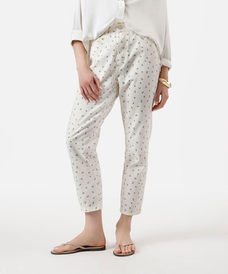calça mom feminina de sarja floral off white