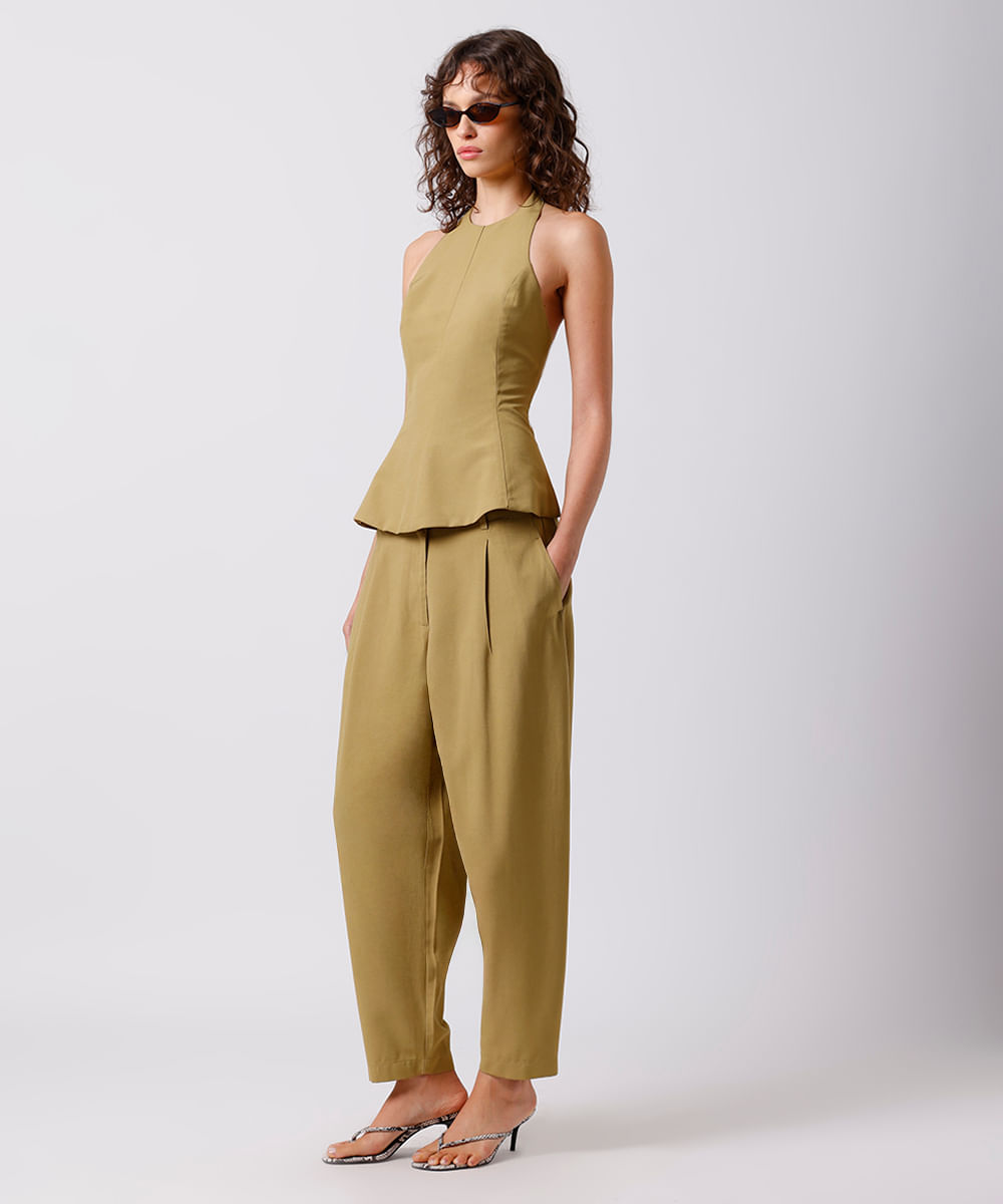 calça balloon feminina de alfaiataria com pregas mindset verde