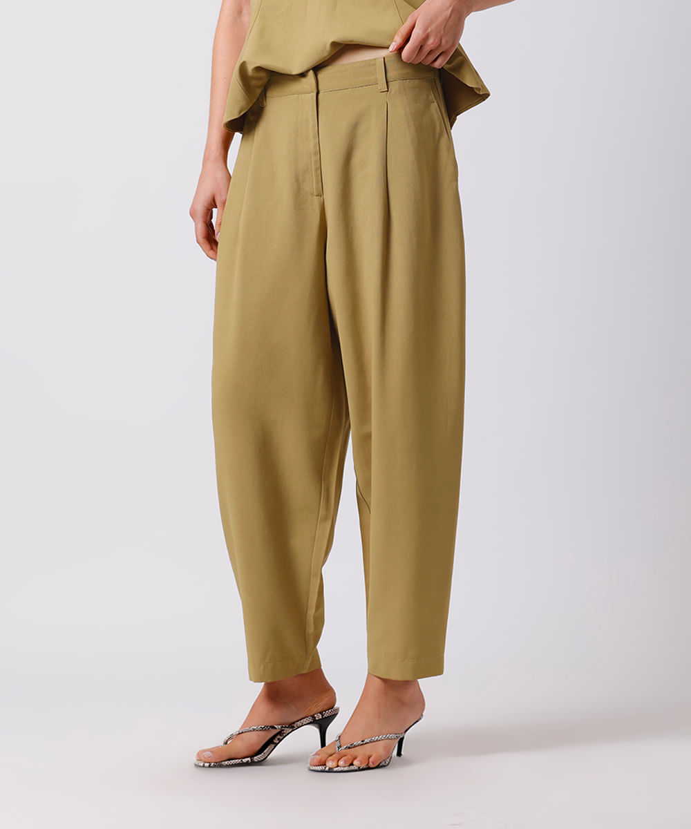 calça balloon feminina de alfaiataria com pregas mindset verde