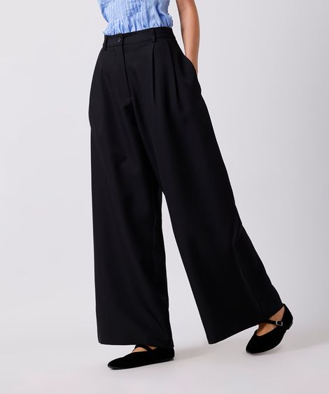 calça wide leg feminina de alfaiataria com pregas mindset preta