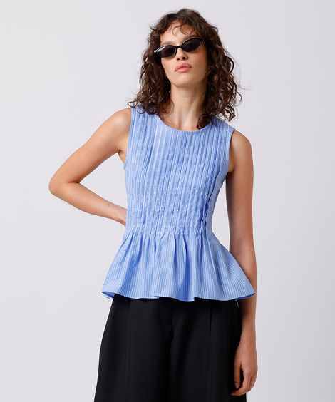 blusa feminina decote redondo com pregas listrada mindset azul