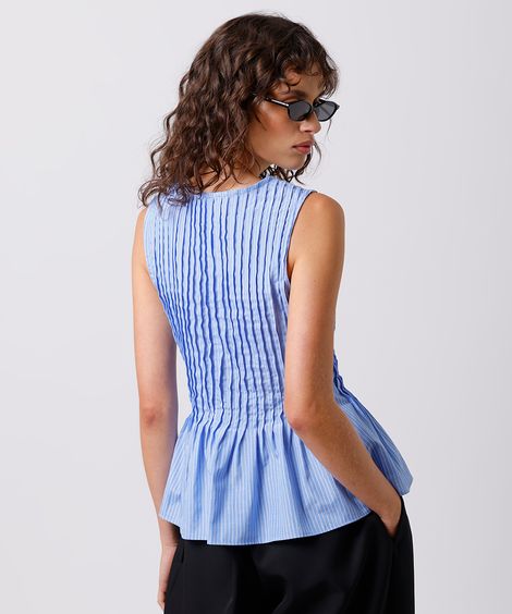 blusa feminina decote redondo com pregas listrada mindset azul