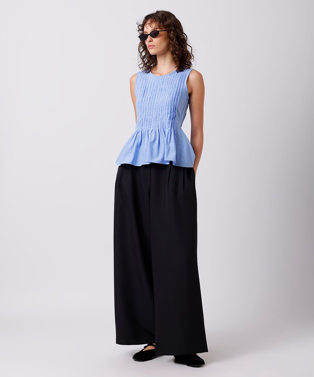 blusa feminina decote redondo com pregas listrada mindset azul