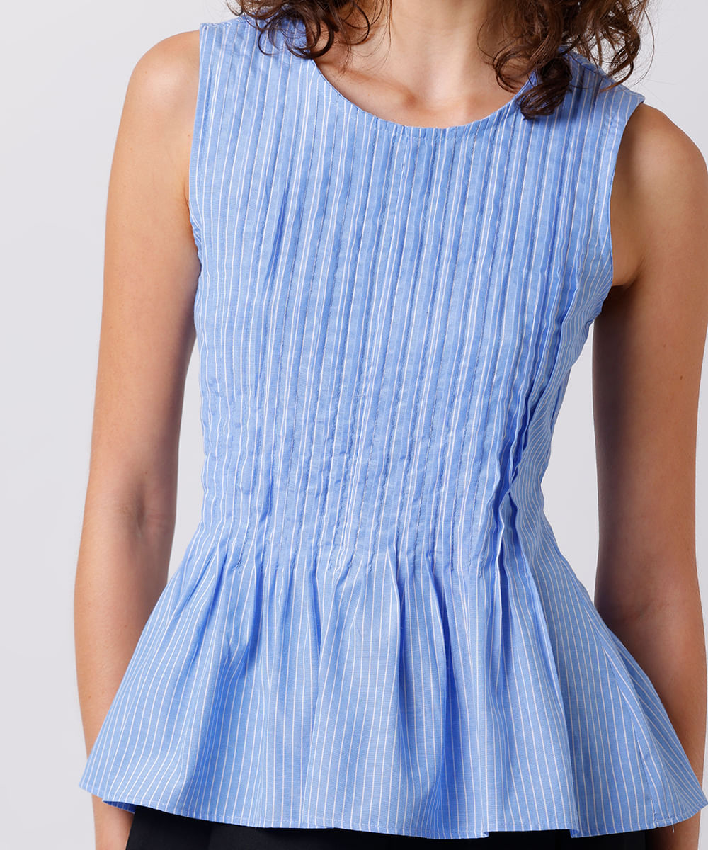 blusa feminina decote redondo com pregas listrada mindset azul