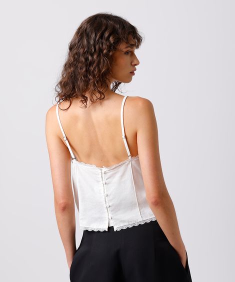 regata feminina alça fina com linho e renda mindset off white