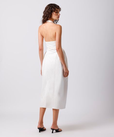 vestido midi feminino frente única com recorte e franzidos mindset branco