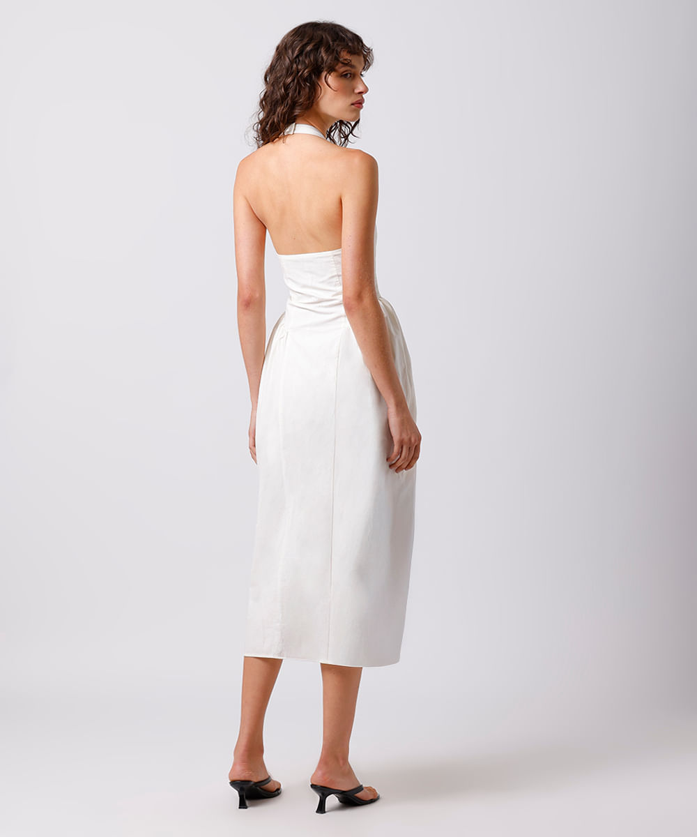 vestido midi feminino frente única com recorte e franzidos mindset branco