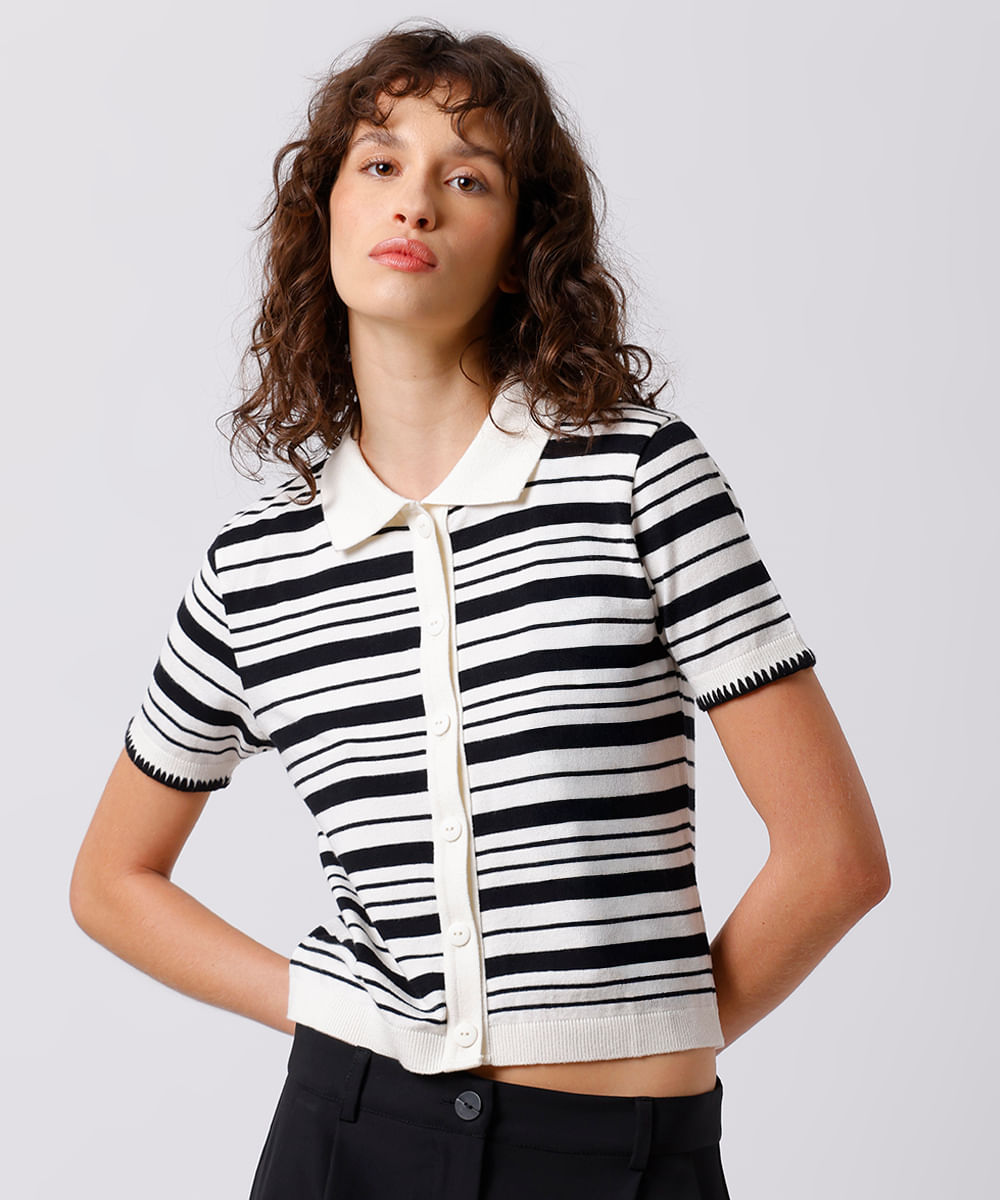 polo feminina de tricot listrada mindset preta