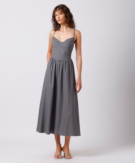 vestido midi feminino com linho decote coração mindset cinza