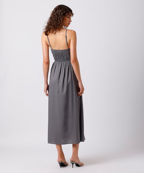 vestido midi feminino com linho decote coração mindset cinza
