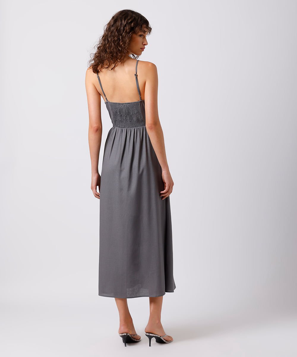 vestido midi feminino com linho decote coração mindset cinza