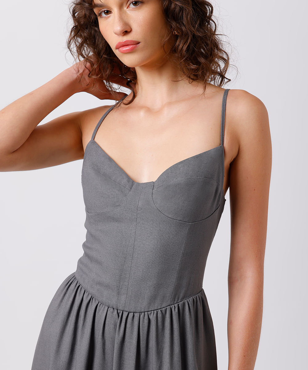 vestido midi feminino com linho decote coração mindset cinza