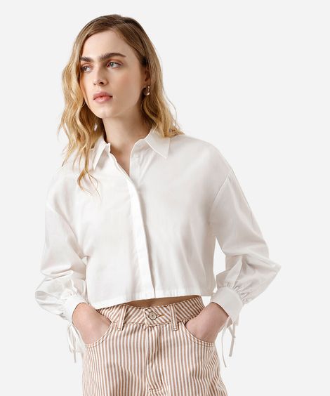 camisa cropped feminina de algodão com amarração off white