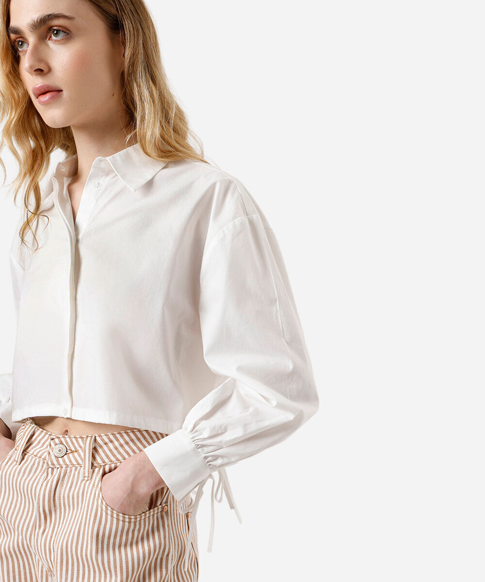 camisa cropped feminina de algodão com amarração off white