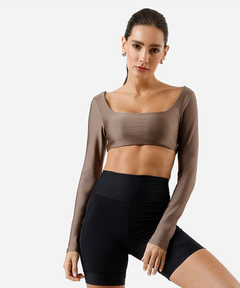 cropped feminino esportivo com bojos removíveis marrom