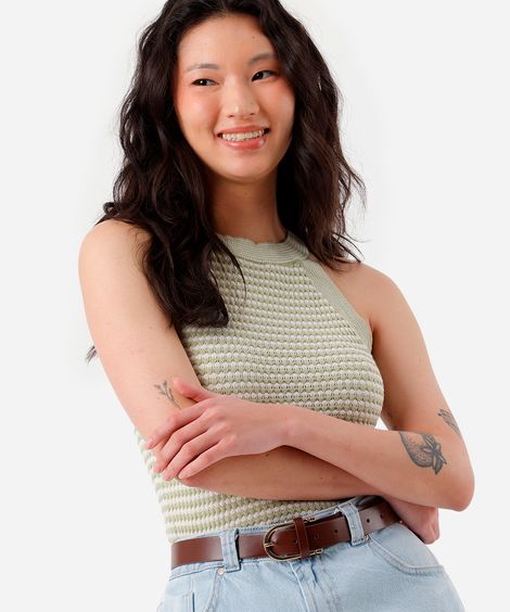 blusa halterneck feminina de tricot listrada texturizada verde