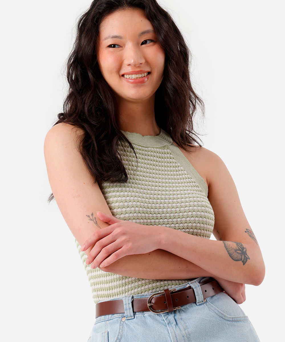 blusa halterneck feminina de tricot listrada texturizada verde