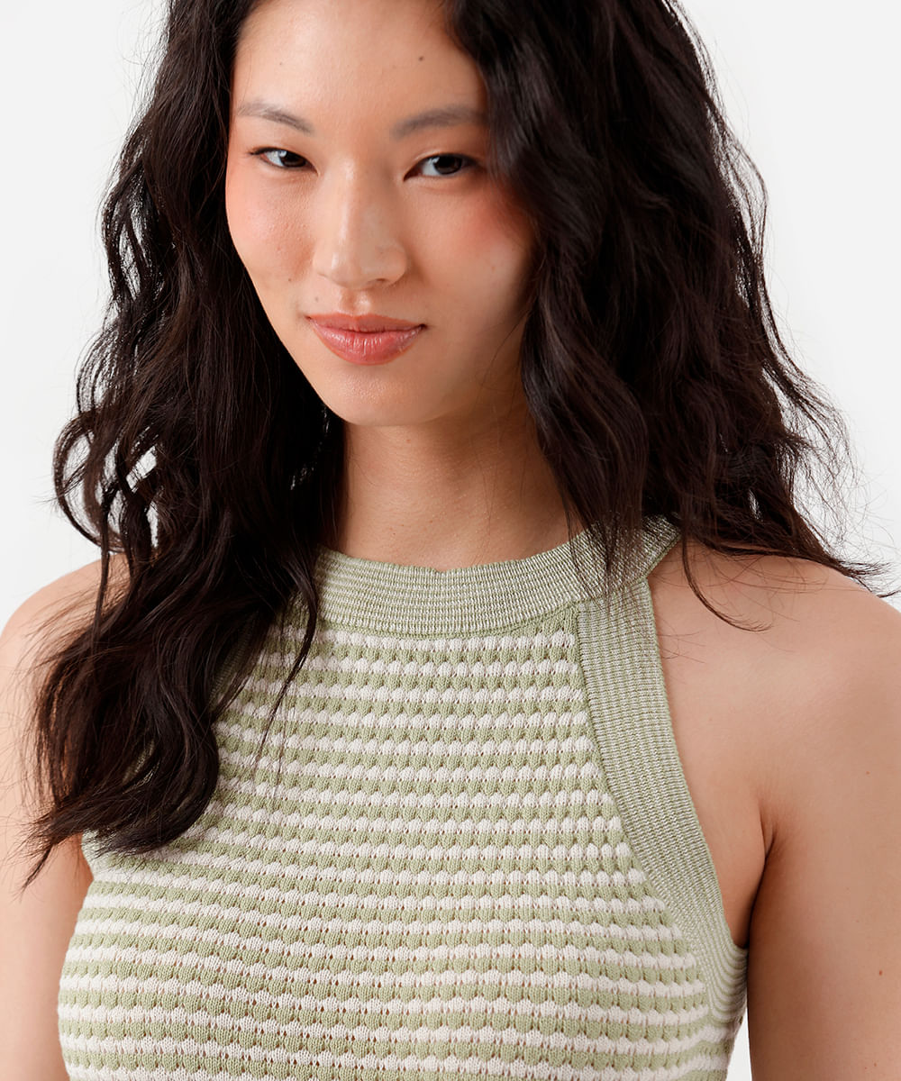 blusa halterneck feminina de tricot listrada texturizada verde