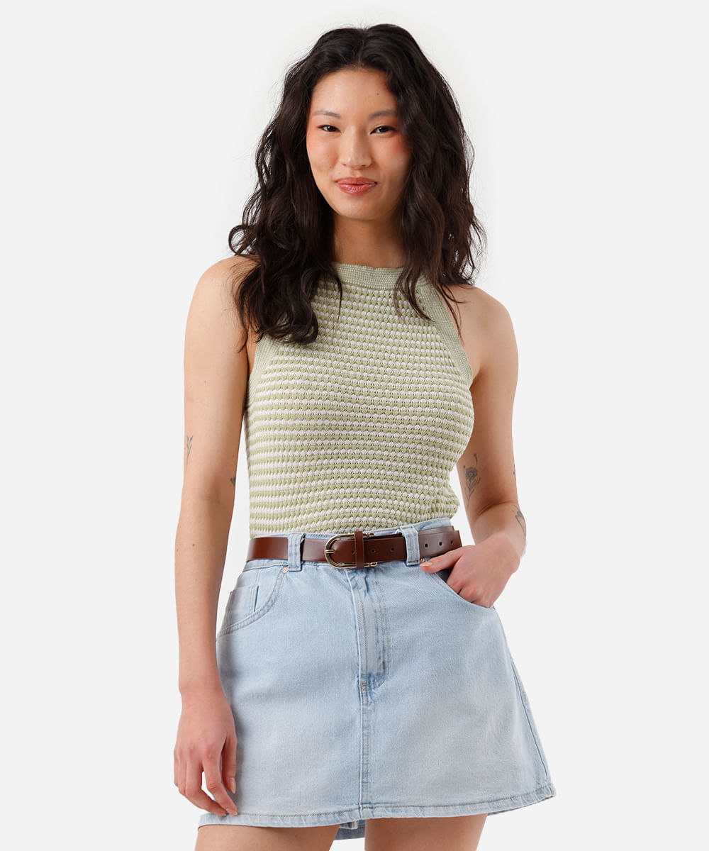 blusa halterneck feminina de tricot listrada texturizada verde