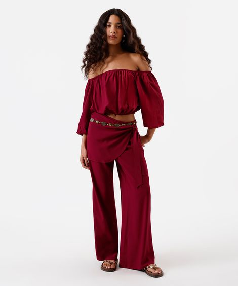 calça feminina de viscose com amarração vinho