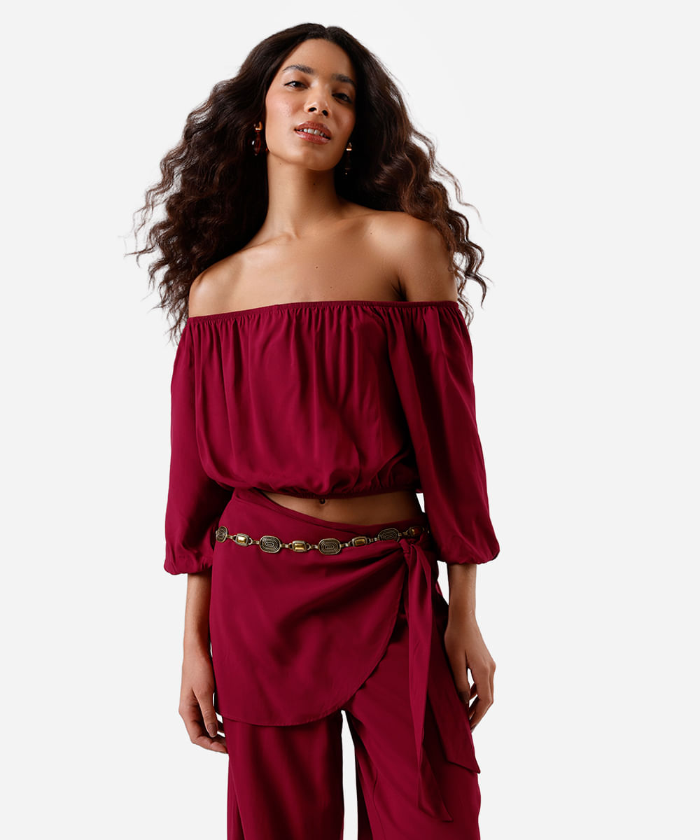 cropped ombro a ombro feminino de viscose manga bufante vinho