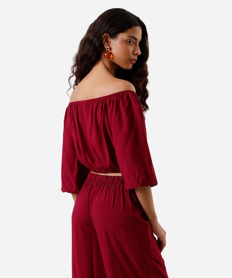 cropped ombro a ombro feminino de viscose manga bufante vinho