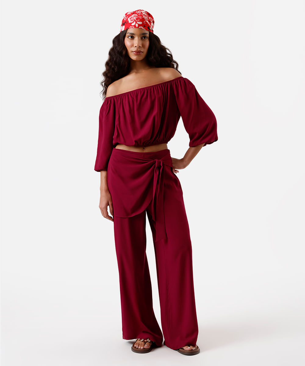 cropped ombro a ombro feminino de viscose manga bufante vinho