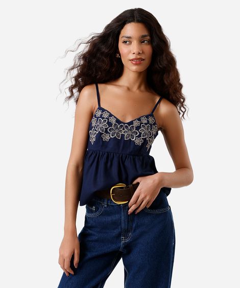bata feminina com linho bordado floral azul