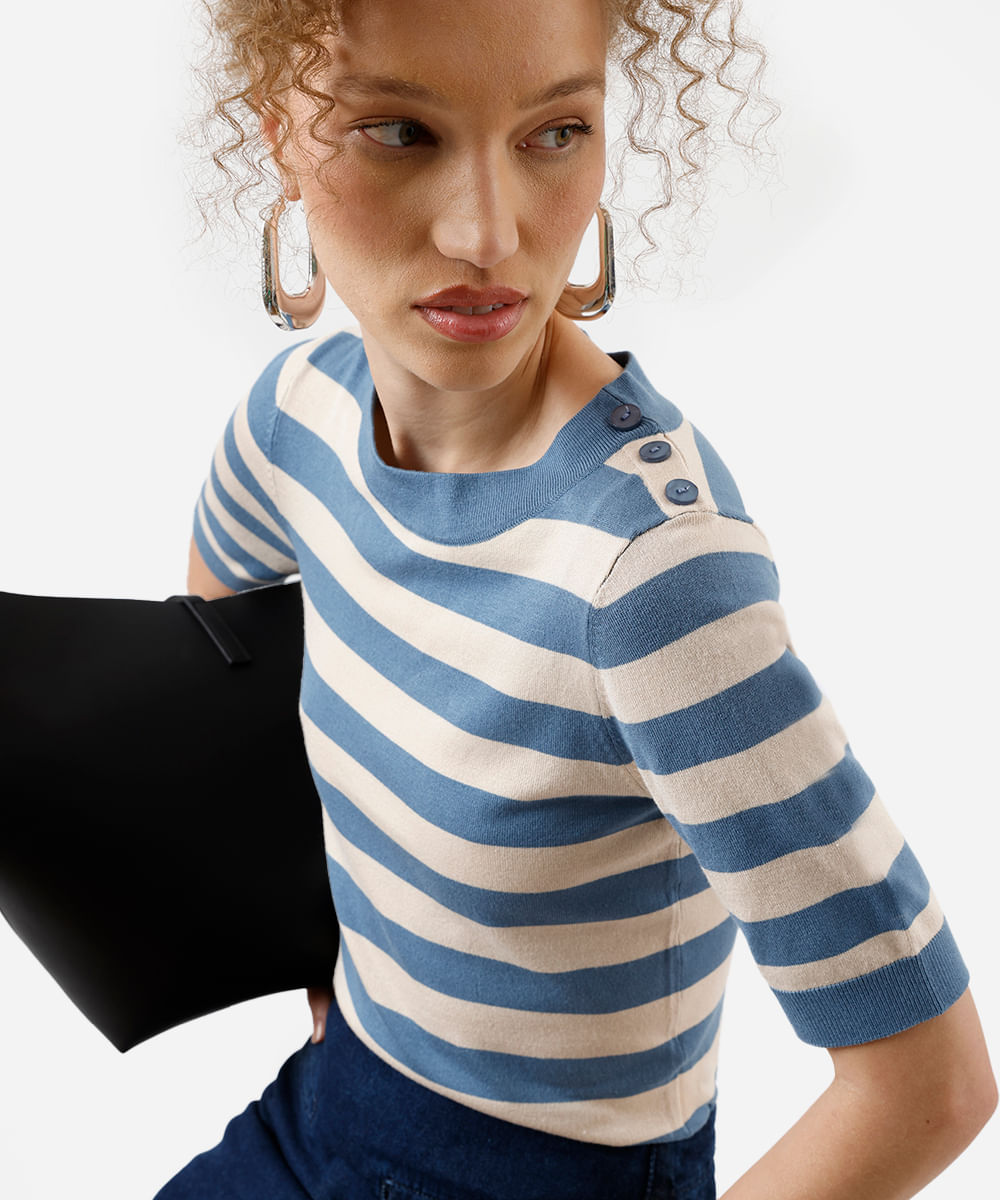 blusa feminina de tricot listrada azul