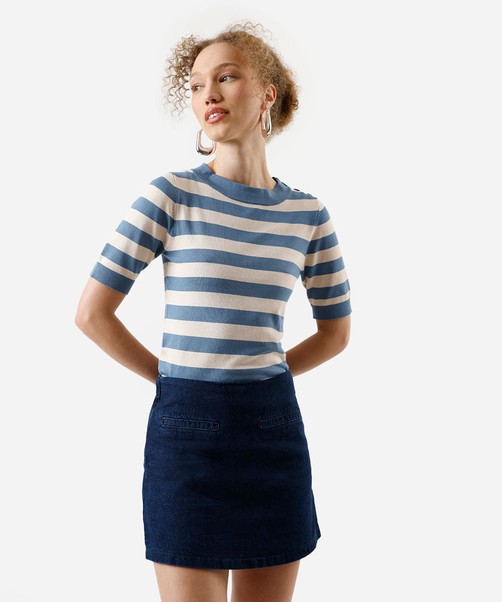 blusa feminina de tricot listrada azul