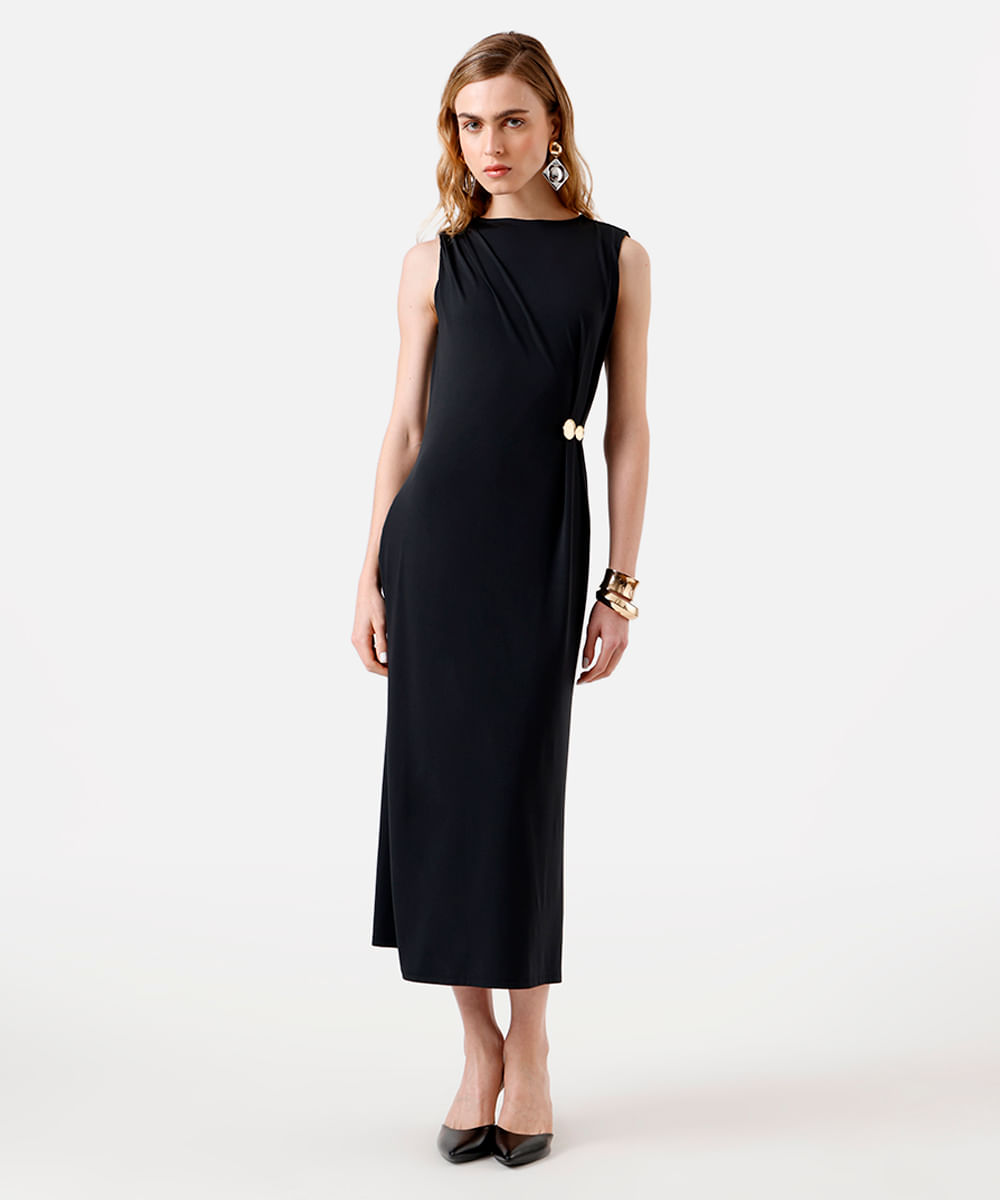 vestido longo feminino com pregas e fenda preto