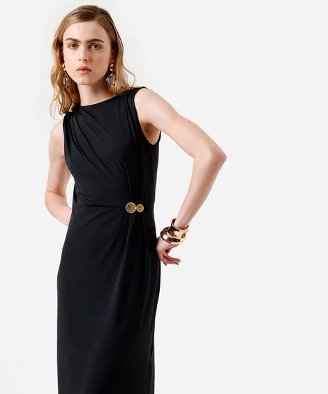vestido longo feminino com pregas e fenda preto