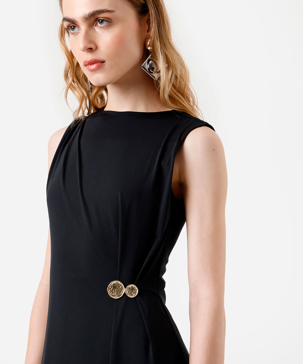 vestido longo feminino com pregas e fenda preto