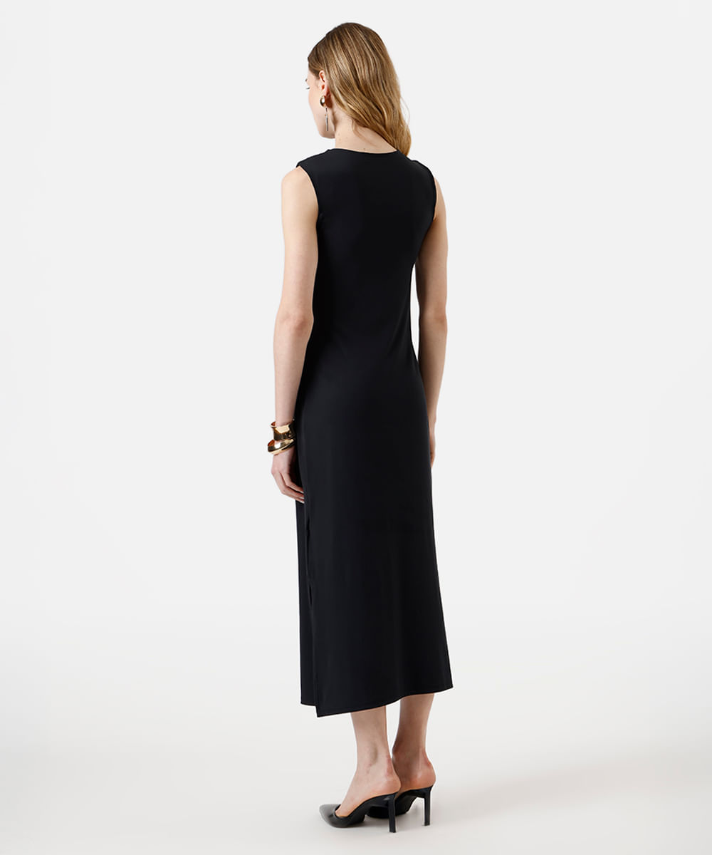 vestido longo feminino com pregas e fenda preto