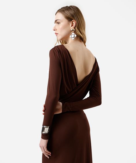 vestido longo feminino manga longa decote costas marrom