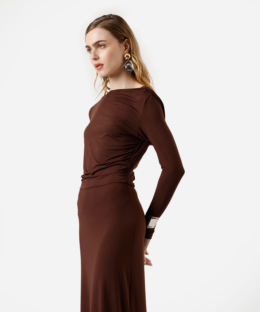 vestido longo feminino manga longa decote costas marrom