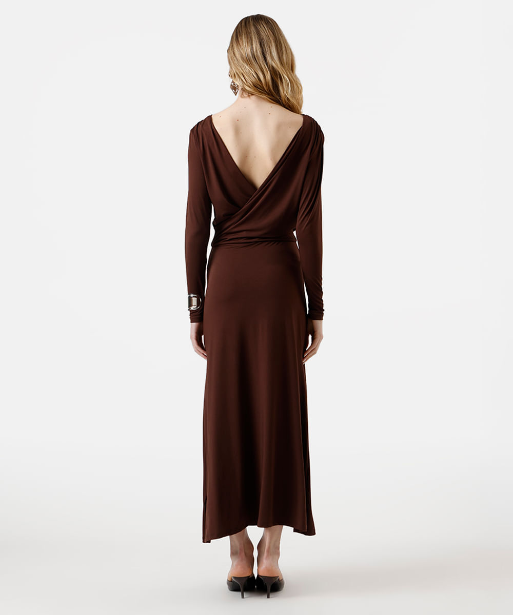 vestido longo feminino manga longa decote costas marrom