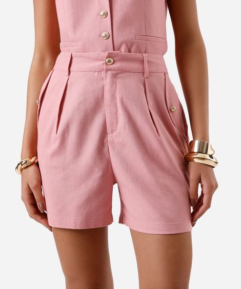 short feminino de alfaiataria com linho e pregas rosa
