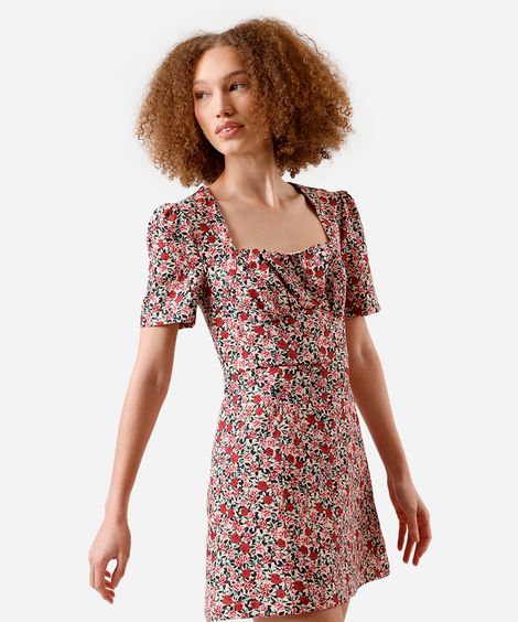 vestido curto feminino decote quadrado floral rosa