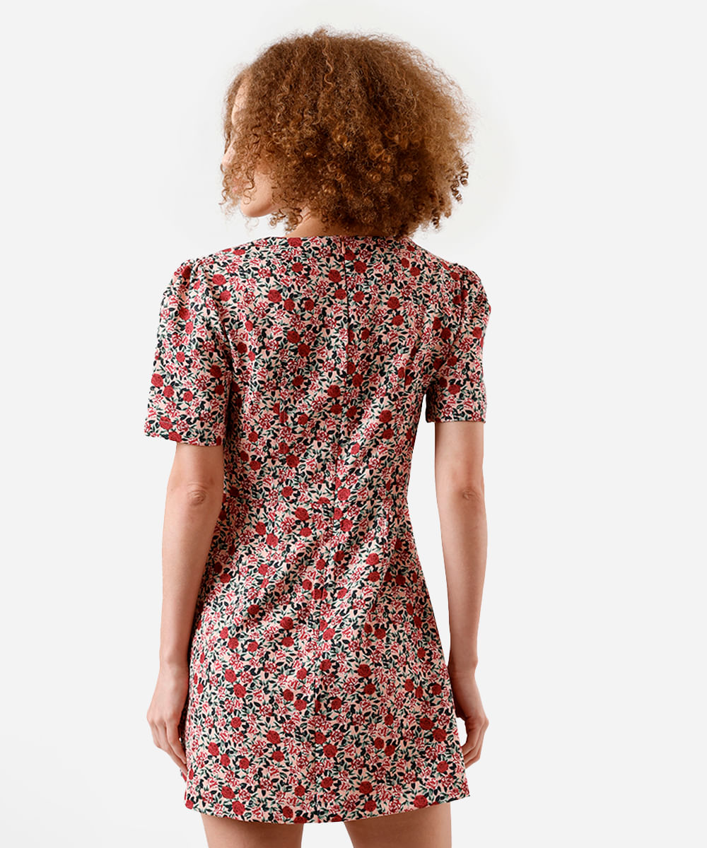 vestido curto feminino decote quadrado floral rosa