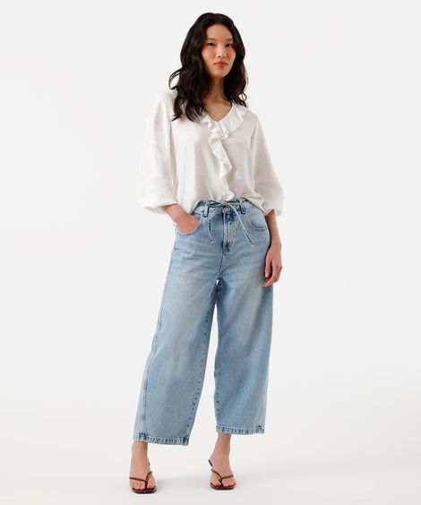 calça baggy balloon feminina jeans com cordão cropped azul