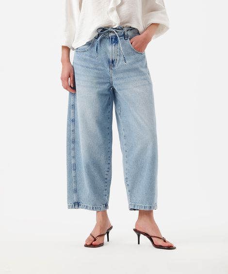 calça baggy balloon feminina jeans com cordão cropped azul