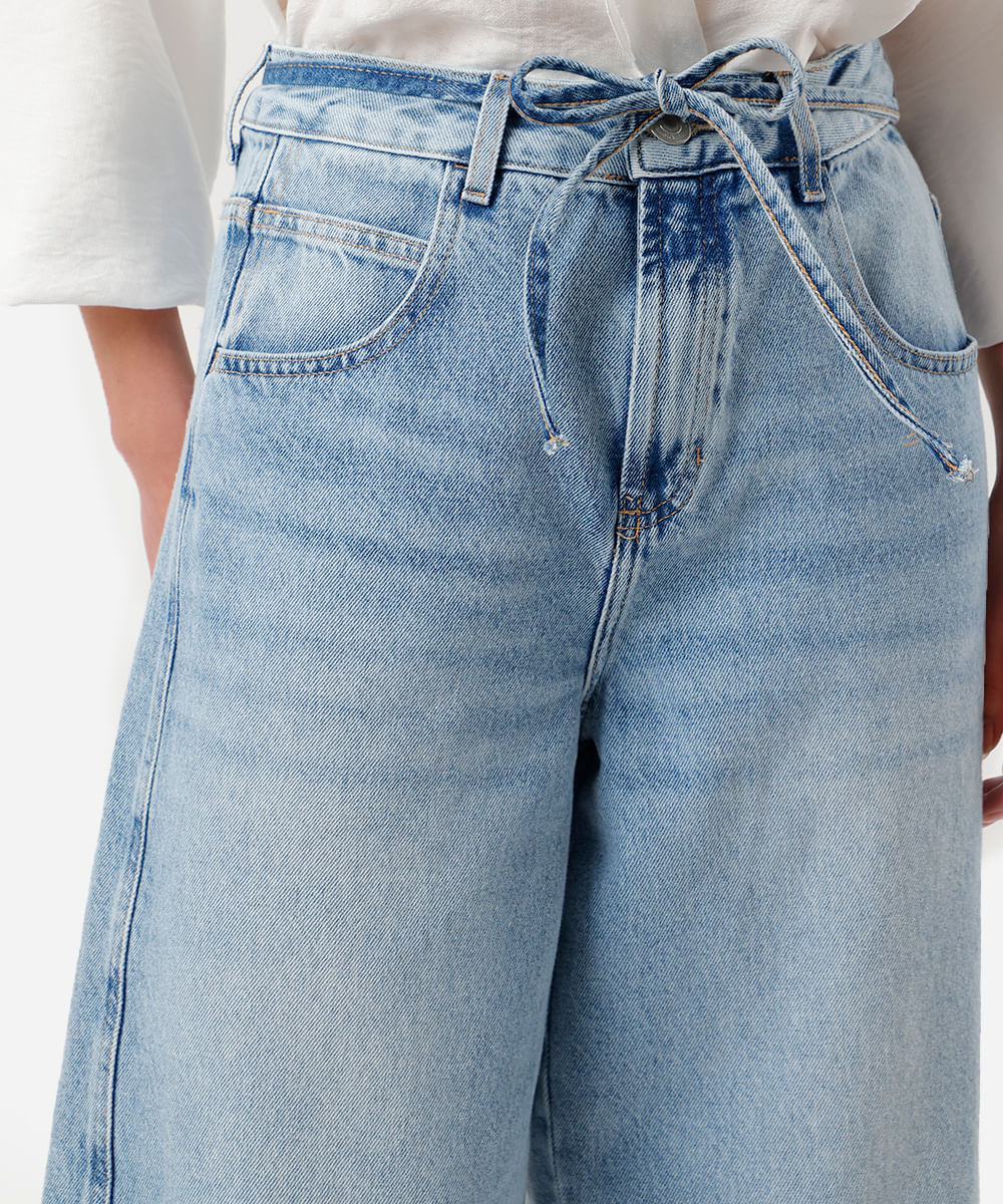 calça baggy balloon feminina jeans com cordão cropped azul