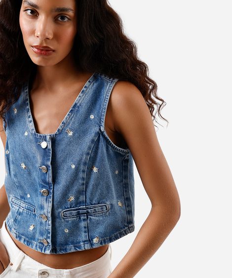 colete feminino jeans decote v bordado floral azul