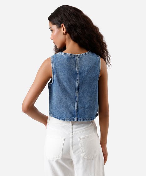 colete feminino jeans decote v bordado floral azul