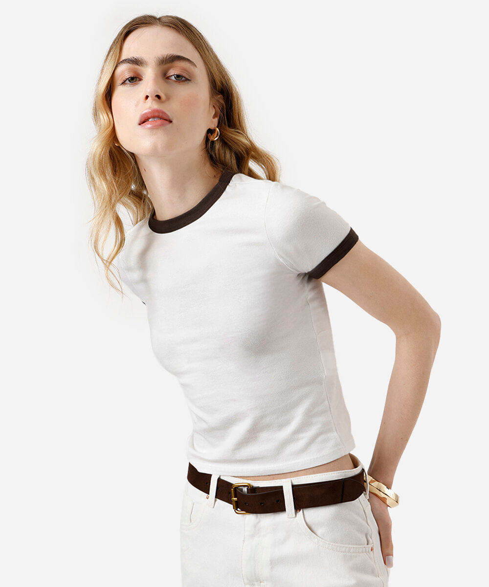 blusa baby look feminina de algodão básica bicolor off white