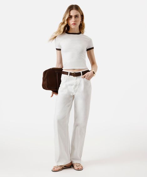 blusa baby look feminina de algodão básica bicolor off white