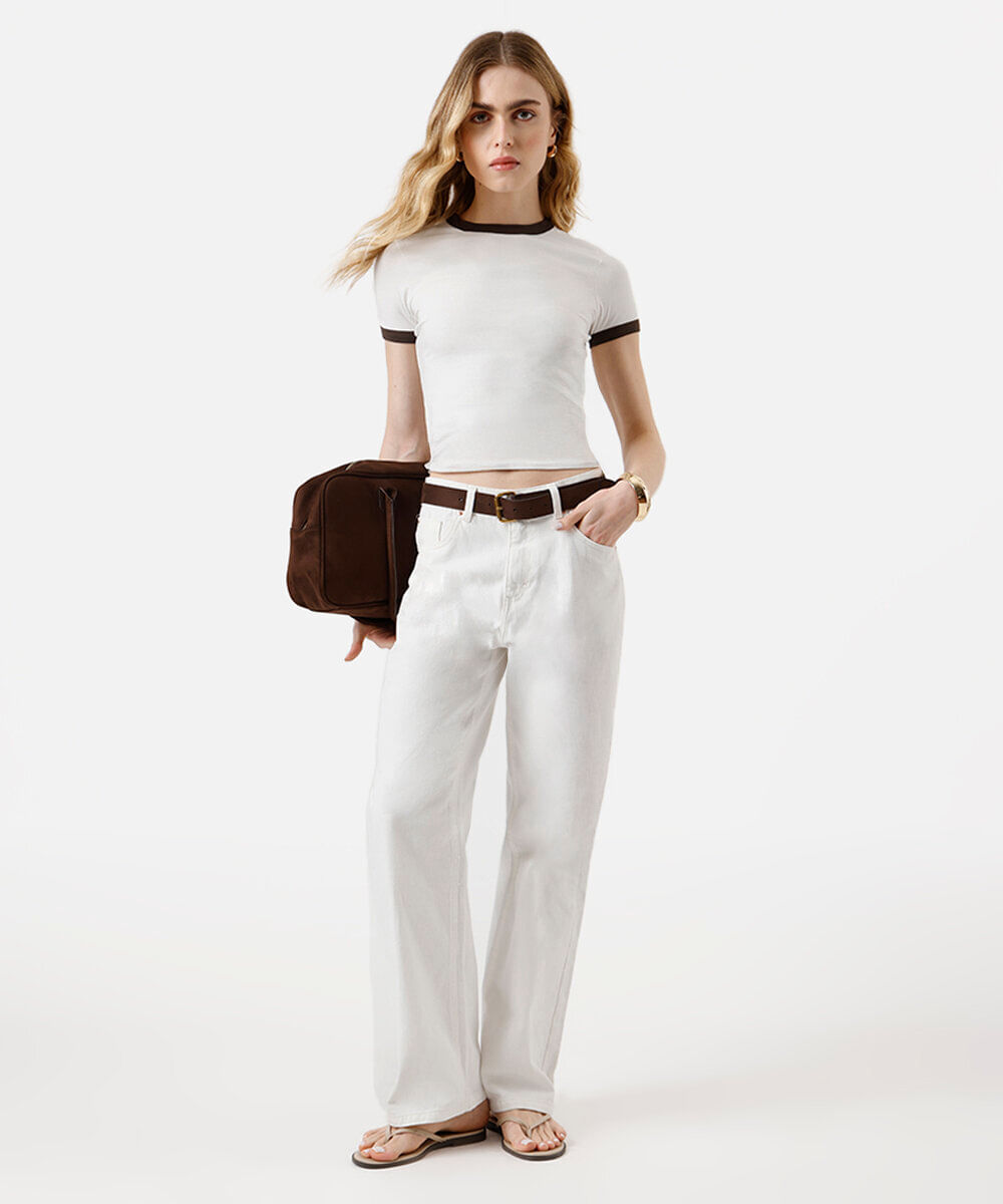 blusa baby look feminina de algodão básica bicolor off white